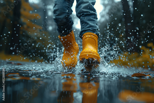 A child jumping into puddles with bright yellow rain boots. Concept of childhood joy and playfulness in the rain. Generative Ai. photo
