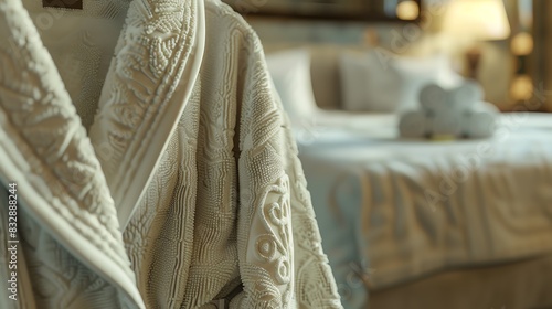 A detailed render of a luxurious bathrobe with a monogram