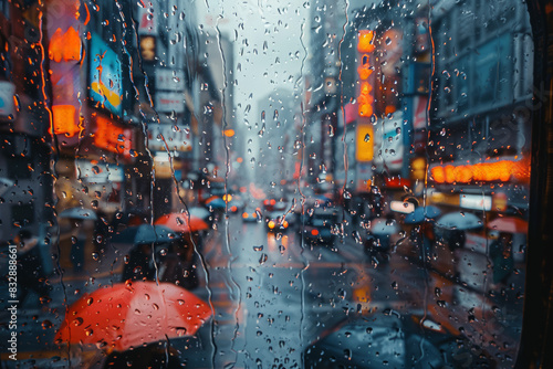 A cityscape blurred by heavy rain, with people hurrying under umbrellas. Concept of urban hustle and bustle despite the rain. Generative Ai. photo