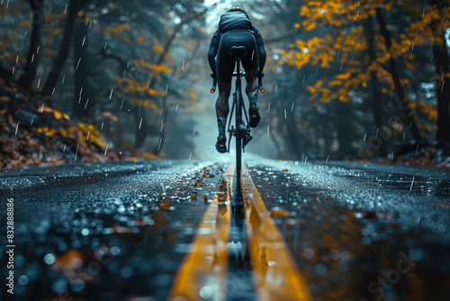 A cyclist braving the rain on a deserted road. Concept of perseverance and outdoor adventure in adverse conditions. Generative Ai. photo