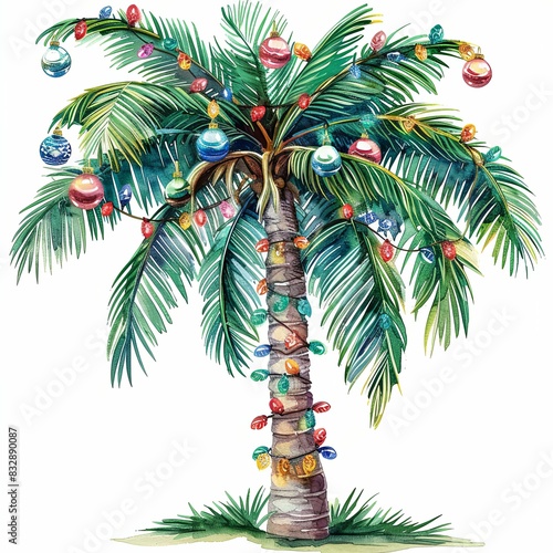 Watercolor illustration of a palm tree adorned with colorful Christmas ornaments and lights, blending tropical and holiday themes.