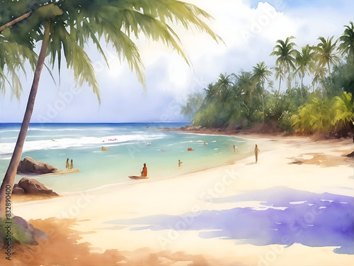 Fidjrossè Beach Benin Country Landscape Watercolor Illustration Art	 photo