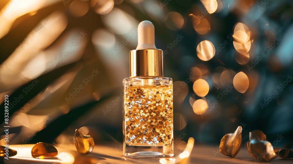 A luxurious face serum with gold flakes in a glass bottle A luxurious face serum with gold flakes in a glass bottle