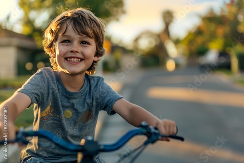 A joyful young boy with messy hair smiles widely while riding a blue bicycle down a suburban road, exuding freedom and fun