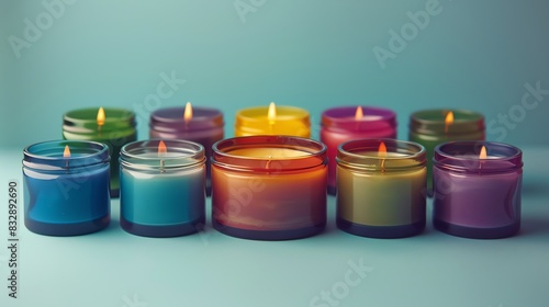 A set of aromatherapy candles in various scents and colors photo