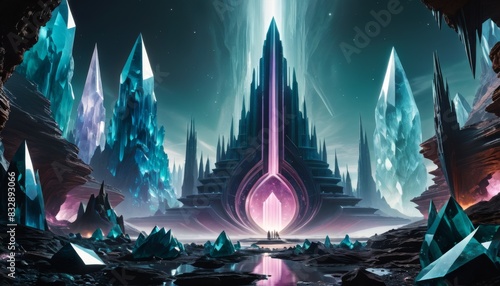A towering alien spire emits a luminous glow, flanked by giant crystals under a starlit alien sky, evoking a sense of otherworldly wonder.. AI Generation photo
