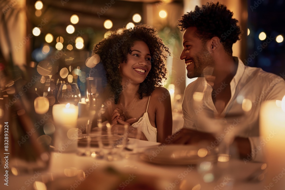 Happy couple having a romantic dinner in a restaurant with beautiful bokeh lighting creating a magical atmosphere Happy couple having a romantic dinner in a restaurant with beautiful bokeh lighting creating a magical atmosphere