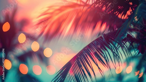 Colorful sunset sky with tropical palm tree and bokeh lights Conveying the essence of summer vacation and nature exploration Vintage filter adds a unique touch to the image