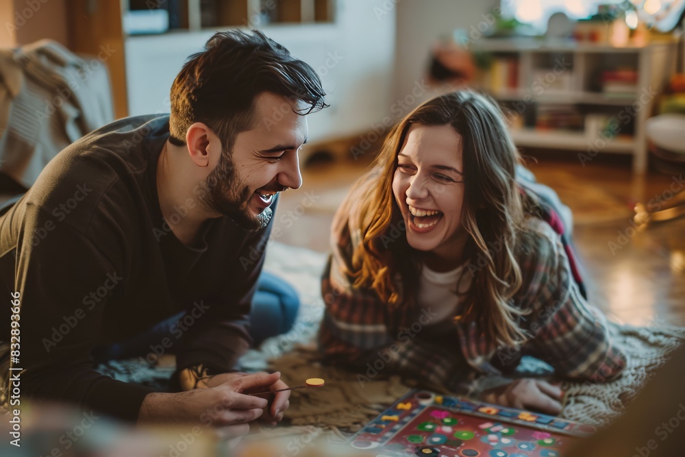 Vibrant scene capturing a young couple's laughter and joy while playing a board game together at home Vibrant scene capturing a young couple's laughter and joy while playing a board game together at home
