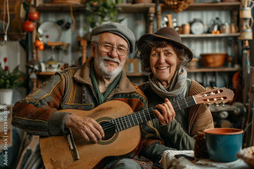 Two people playing guitar and smiling Two people playing guitar and smiling