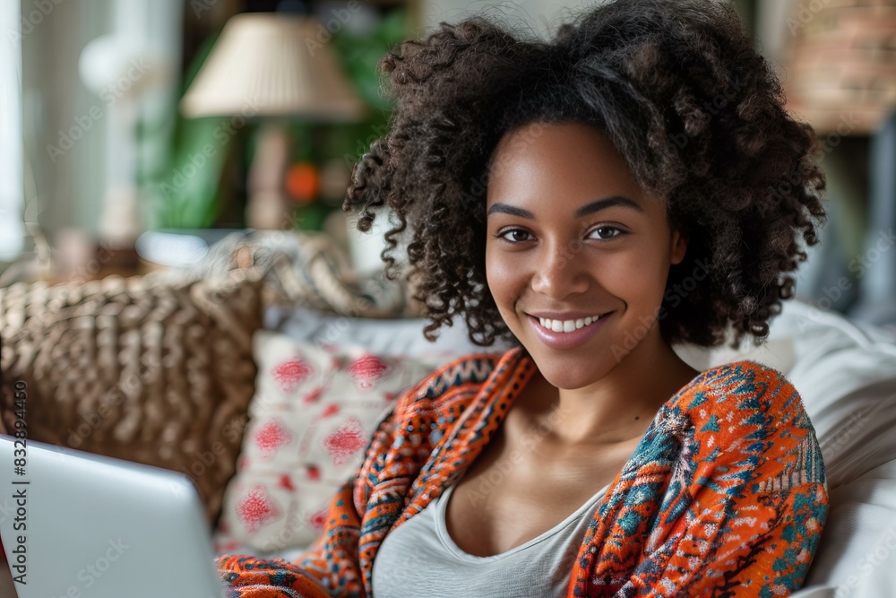 Woman sitting on couch using laptop computer Woman sitting on couch using laptop computer