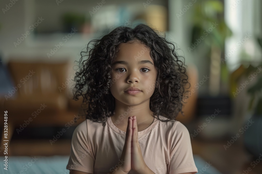 Fototapeta premium Child with dark curly hair meditates with hands together, facial expression exuding calm in a neutral-toned room