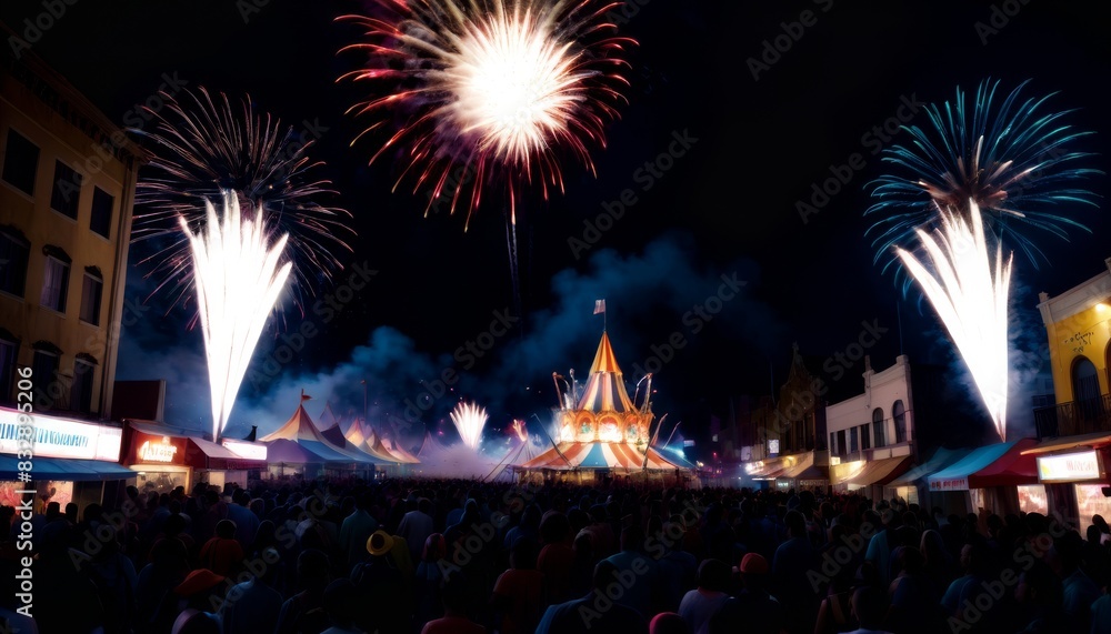 Obraz premium Spectators gather to watch a vibrant fireworks display over a lively fairground with illuminated tents at night.. AI Generation