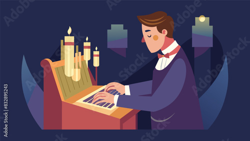 With practiced precision the church organist breathes life into the beloved hymn O Holy Night bringing tears to the eyes of the congregation.. Vector illustration