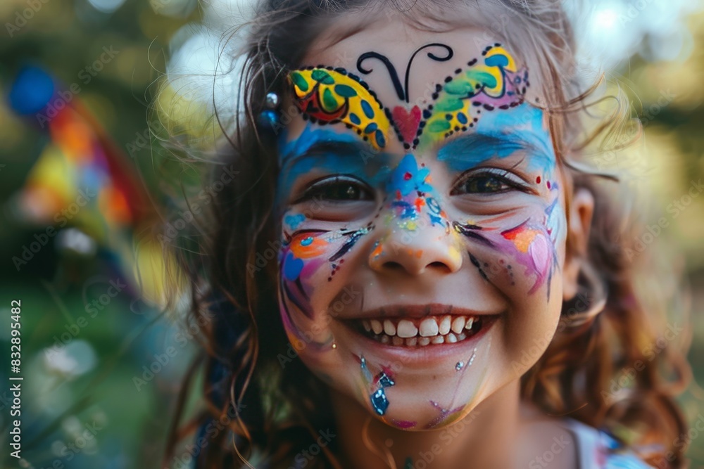 A smiling young girl with face paint that includes a beautifully rendered butterfly and sparkles A smiling young girl with face paint that includes a beautifully rendered butterfly and sparkles