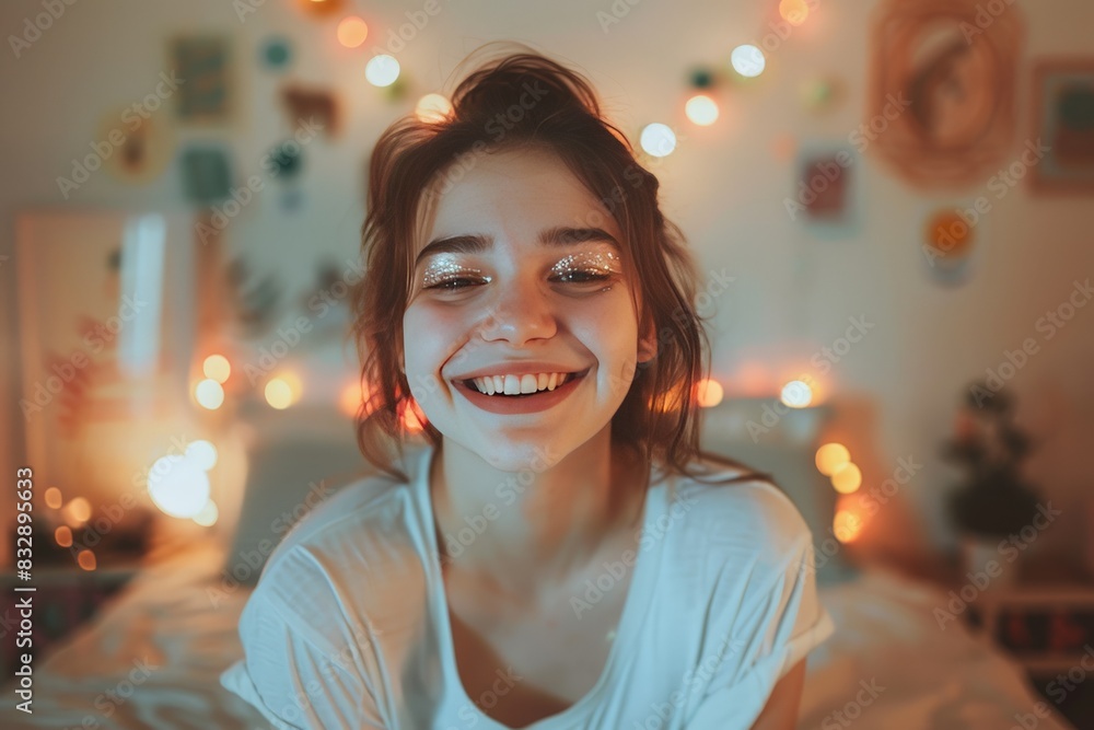 Obraz premium Softly lit portrait of a joyful person with sparkling eye makeup against a bokeh light background