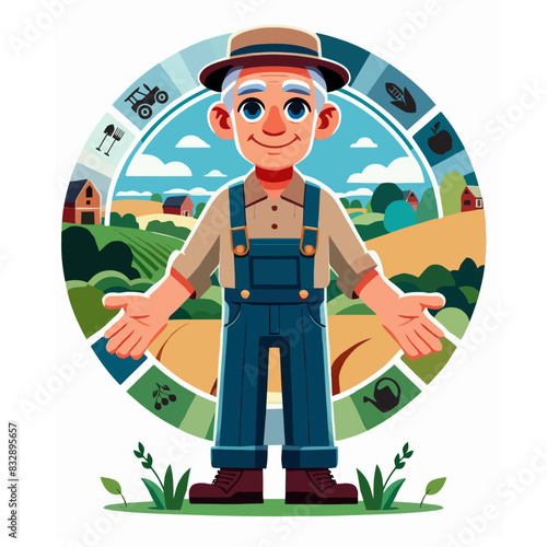 A vector character design of a farmer in overalls with a background of rolling hills and barns