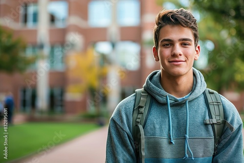 A young man wearing a blue hoodie and backpack is smiling for the camera. The image has a casual and friendly vibe, with the young man looking relaxed and comfortable in his surroundings