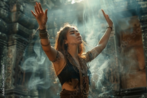 In a sunlit setting, a woman with uplifted arms dances amidst mystical smoke, wearing bohemian attire photo