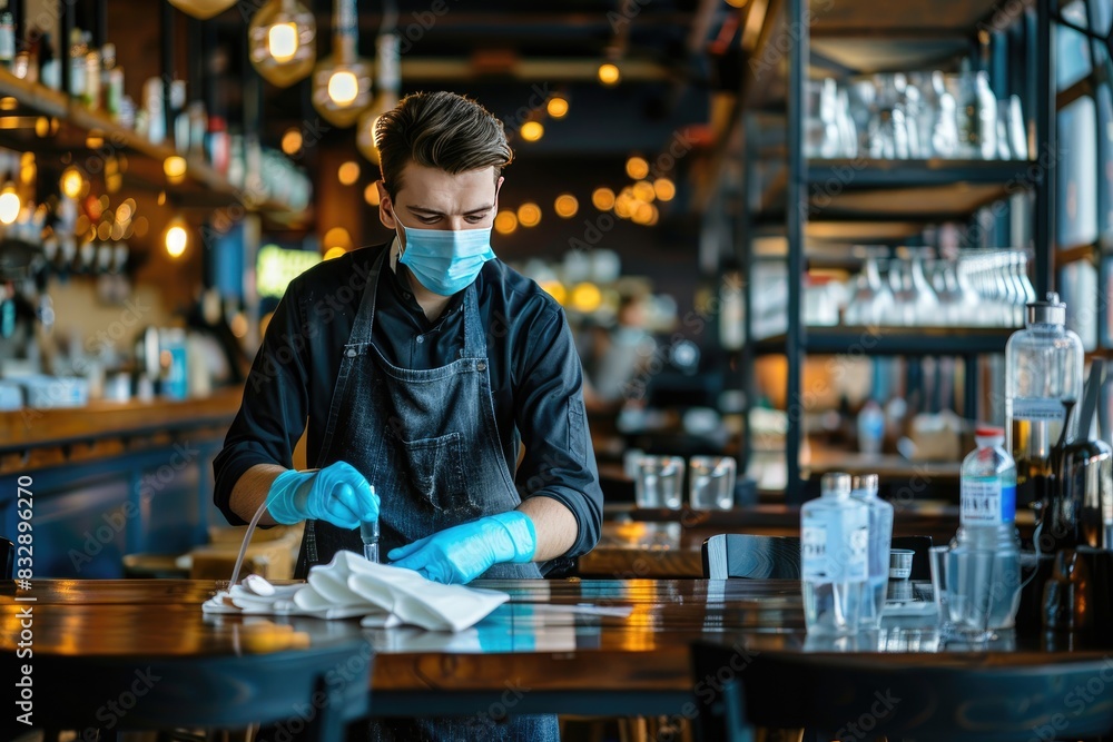 A man wearing a mask and gloves is cleaning a table in a restaurant. Concept of caution and cleanliness, as the man is taking extra care to sanitize the table A man wearing a mask and gloves is cleaning a table in a restaurant. Concept of caution and cleanliness, as the man is taking extra care to sanitize the table