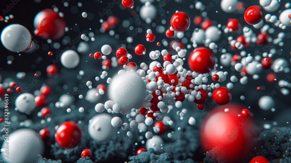 3D image style, flying abstract red and white balls on dark background, banner 3D image style, flying abstract red and white balls on dark background, banner