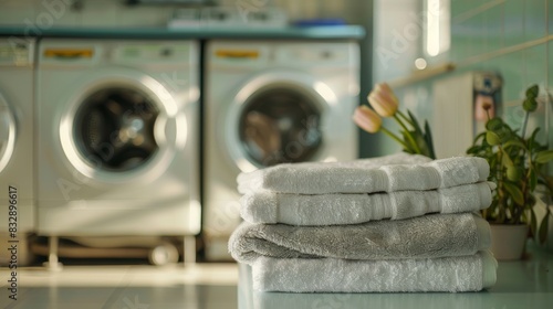 Coin operated washing machine businessA stack of freshly folded towels on a table in front of coin-operated washers. photo