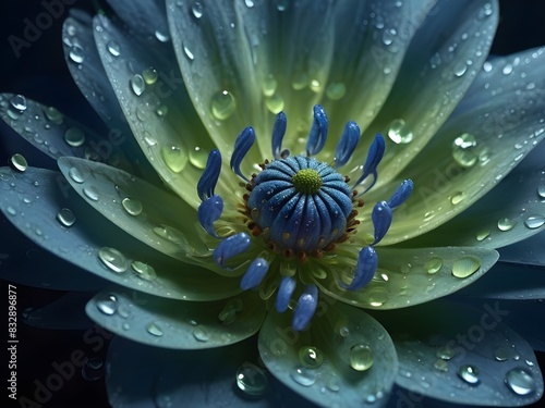 close-up illustration of a fantastical flower  with translucent petals in shades of blue and green