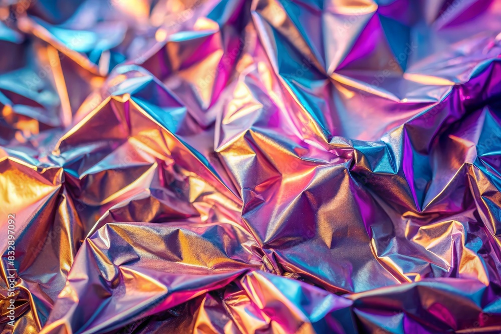 Iridescent Crumpled Foil. Abstract Modern pastel colored holographic background in 80s style. Crumpled iridescent foil textile real texture. Synthwave. Vaporwave style. Retrowave, retro futurism Iridescent Crumpled Foil. Abstract Modern pastel colored holographic background in 80s style. Crumpled iridescent foil textile real texture. Synthwave. Vaporwave style. Retrowave, retro futurism