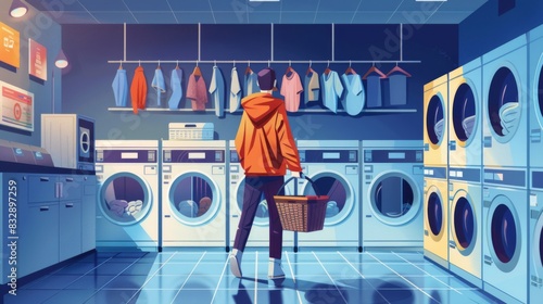 Coin operated washing machine businessA person carrying a laundry basket in a laundromat with coin-operated machines. photo