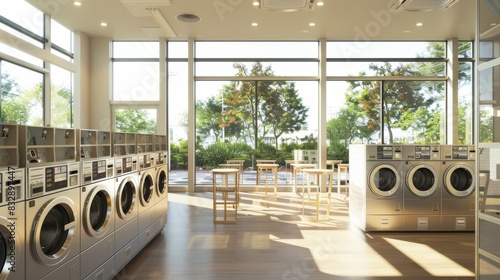 Coin operated washing machine businessA laundromat with large windows and rows of coin-operated washers.