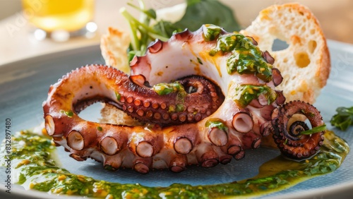 An octopus is on a plate with bread and sauce, AI