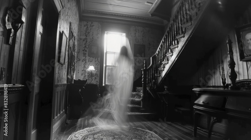 ghost or specter inside a house in the black and white room