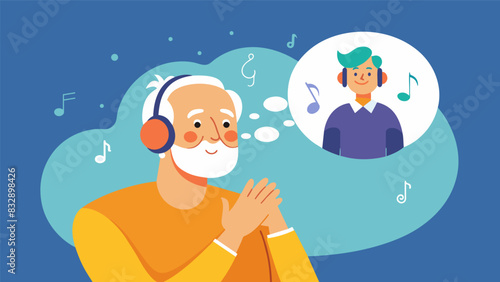 An individual with Alzheimers disease listens to familiar songs from their youth sparking memories and improving their mood.. Vector illustration