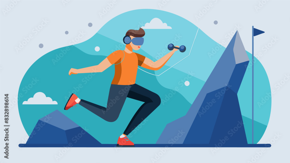 Using VR technology a person is able to simulate rock climbing challenging their strength flexibility and problemsolving skills all while providing a. Vector illustration Using VR technology a person is able to simulate rock climbing challenging their strength flexibility and problemsolving skills all while providing a. Vector illustration