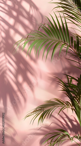  Blurred shadow from palm leaves on the light pink wall. Minimal abstract background for product presentation Blurred shadow from palm leaves on the light pink wall. Minimal abstract background for pr