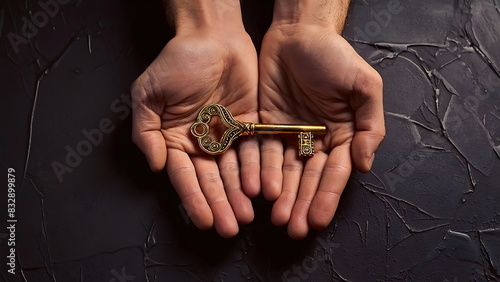 Symbol of Access and Discovery Illustrated by Hands Holding Antique Key
