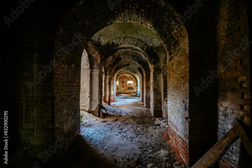 Large ancient vaulted corridor of abandoned church  castle etc