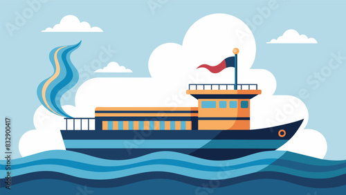 Waves lap against the sides of the barge gracefully rocking it as it makes its way down the river.. Vector illustration