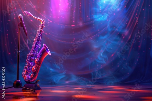 Saxophone on stage with microphone and stand, musical instrument on concert background.