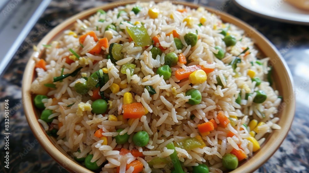 Fried rice made at home with a mix of vegetables carrots green beans peas corn and egg Fried rice made at home with a mix of vegetables carrots green beans peas corn and egg