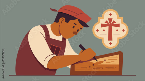 With steady hands and an unwavering focus the craftsman brings to life the message of faith and hope etched into the plaque before him.. Vector illustration