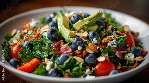 Classic American or French restaurant salad featuring kale arugula almonds blueberries walnuts tomatoes bacon blue cheese avocado and dressed in olive oil