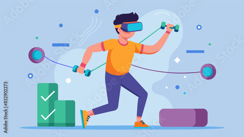 An interactive VR workout program that utilizes resistance bands to help individuals with chronic wrist pain improve range of motion.. Vector illustration