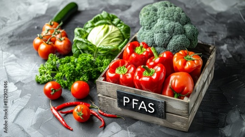 Warning sign PFAS contamination on vegetable background, chemical pollution concept, healthy risk, banner photo