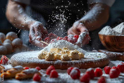 A baker experimenting with ingredients, baking innovative pastries and desserts. Concept of culinary experimentation and baking. Generative Ai.