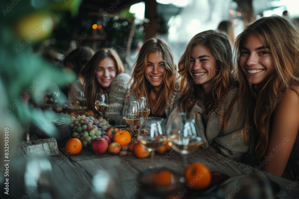 Happy friends sitting at restaurant tables drinking red wine - multi-racial young people enjoying a rooftop dinner party together - food and drink concepts, tourism concepts