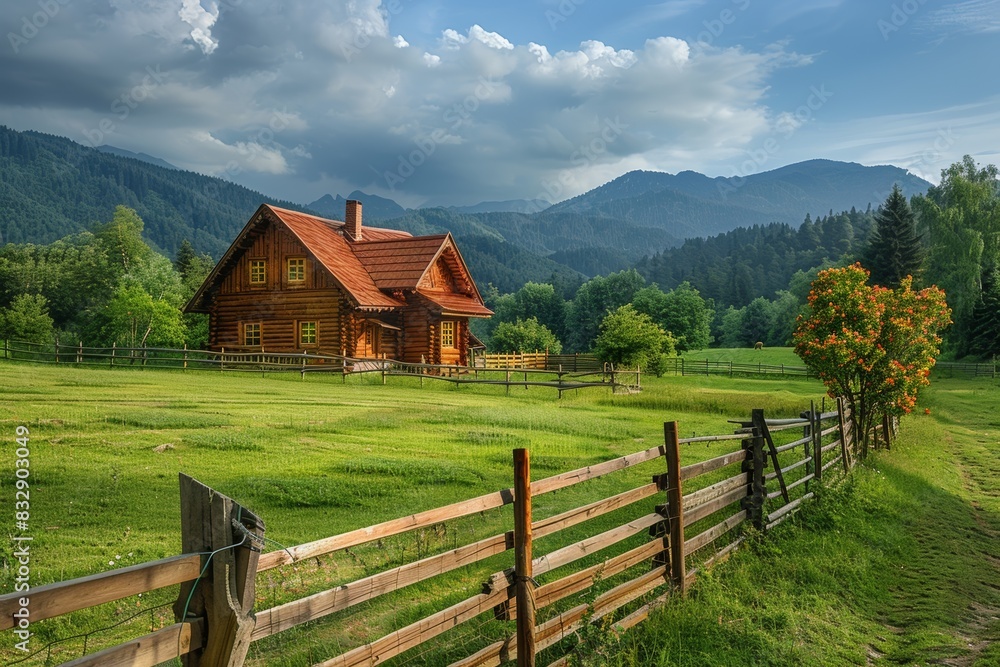 traditional farm house with wood fence and green fields, showcasing countryside living, peaceful rural scenery concept banner traditional farm house with wood fence and green fields, showcasing countryside living, peaceful rural scenery concept banner