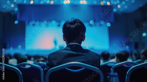The back of an Asian man in a suit sitting in a chair at a business conference, people crowd in the background, in a large modern auditorium hall with a stage, dark blue tone, photo realistic, taken