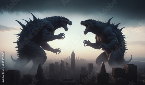 Giant monsters fighting in a city.