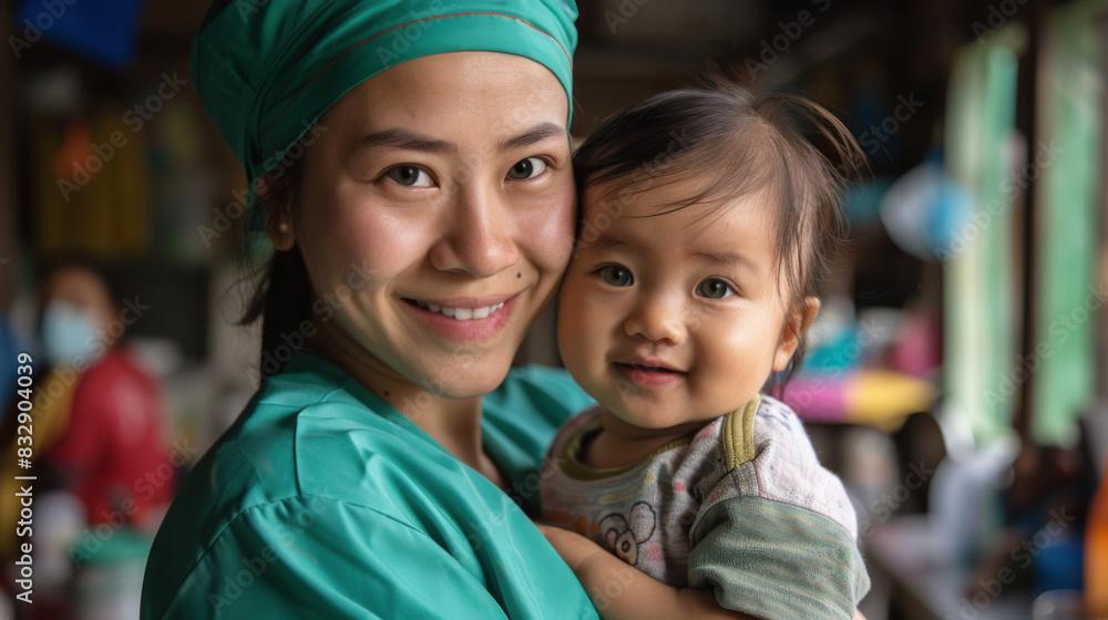 A smiling volunteer nurse holding a smiling baby in an underdeveloped country or impoverished village. Makeshift hospital or temporary medical center. A smiling volunteer nurse holding a smiling baby in an underdeveloped country or impoverished village. Makeshift hospital or temporary medical center.